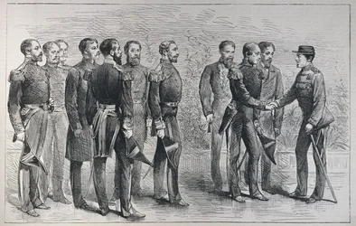 1887年5月7日の「The Illustrated London News」からの日本のミカドによるイギリス海軍将校のレセプション